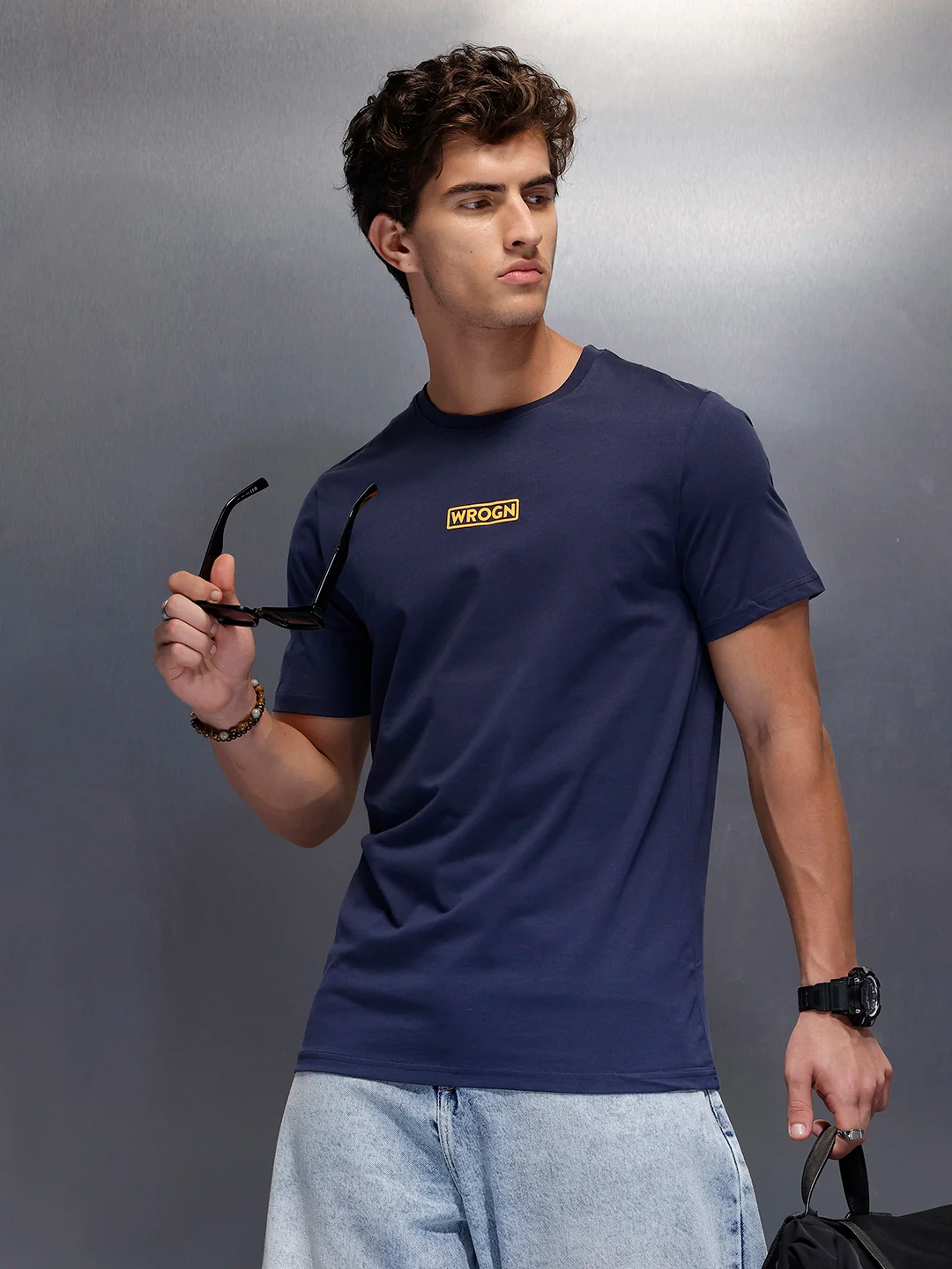 Solid Placement Printed T-Shirt | Navy Blue