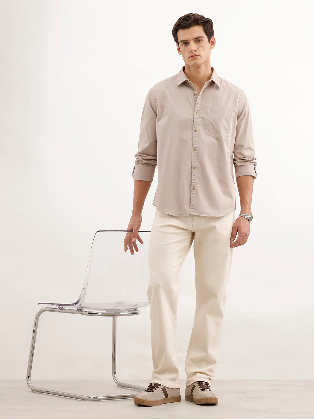 Solid Regular Fit 100% Cotton Shirt | Beige - Image 2