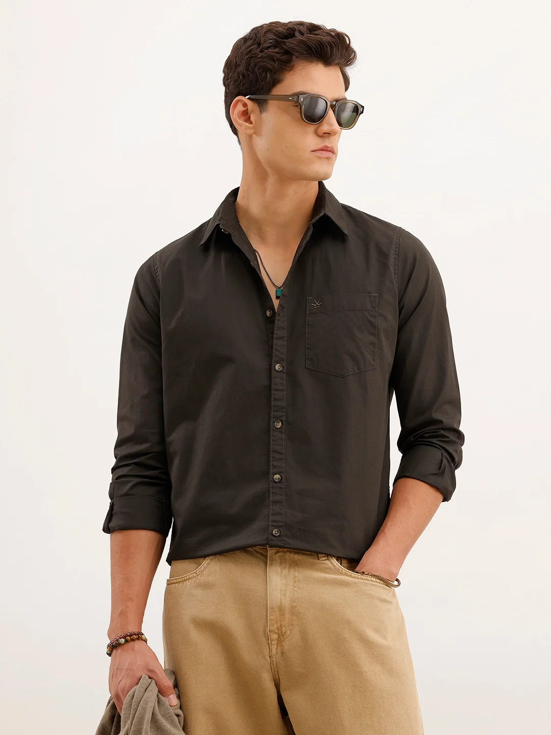 Solid Regular Fit 100% Cotton Shirt | Dark Green