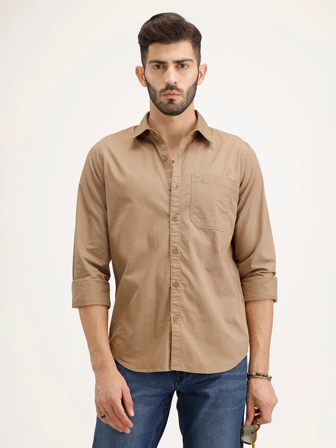 Solid Regular Fit Full Sleeve Shirt | Khaki