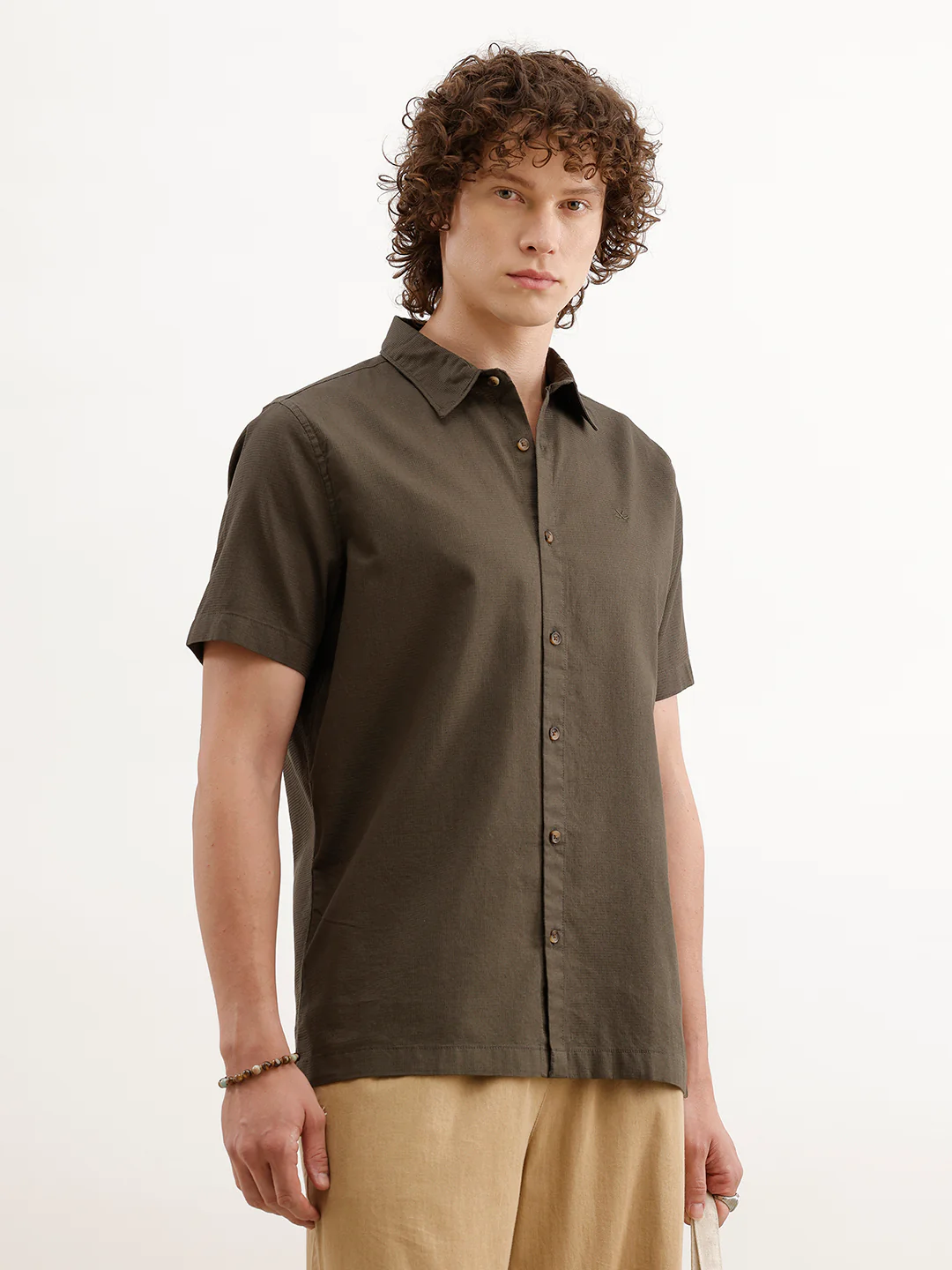 Solid Regular Fit Textured Shirt  | Olive