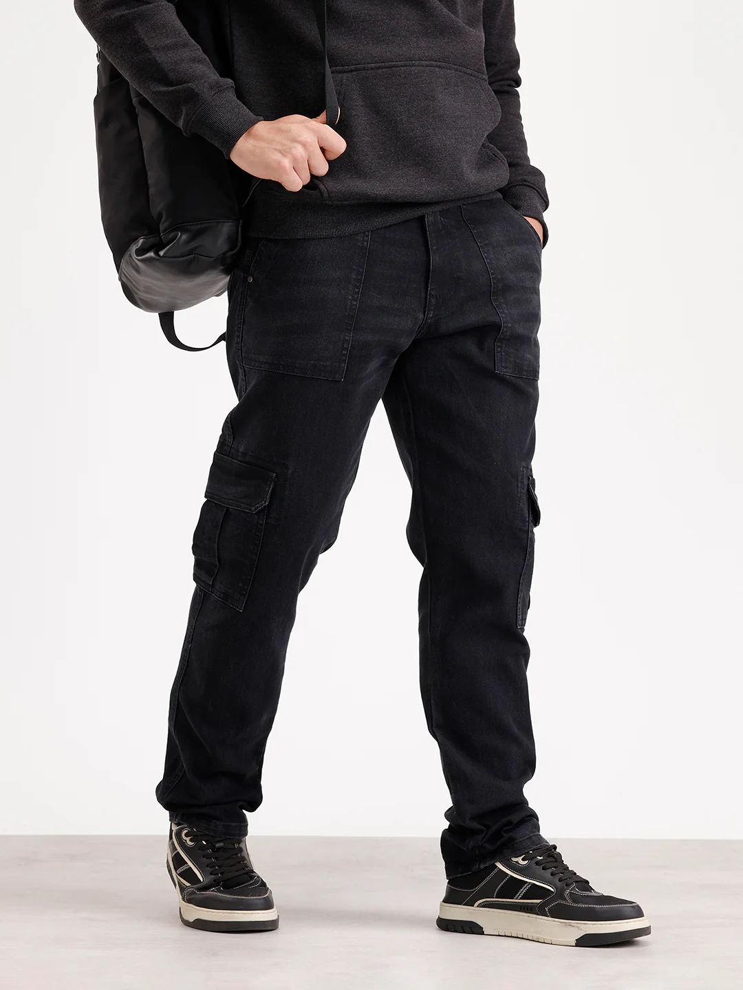 Solid Relaxed Fit Denim Cargo | Black