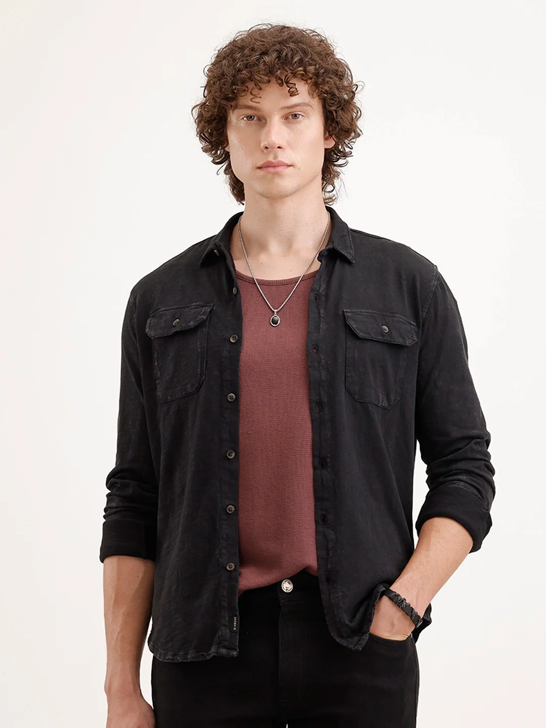 Solid Slim Fit Double Pocket Shirt | Black