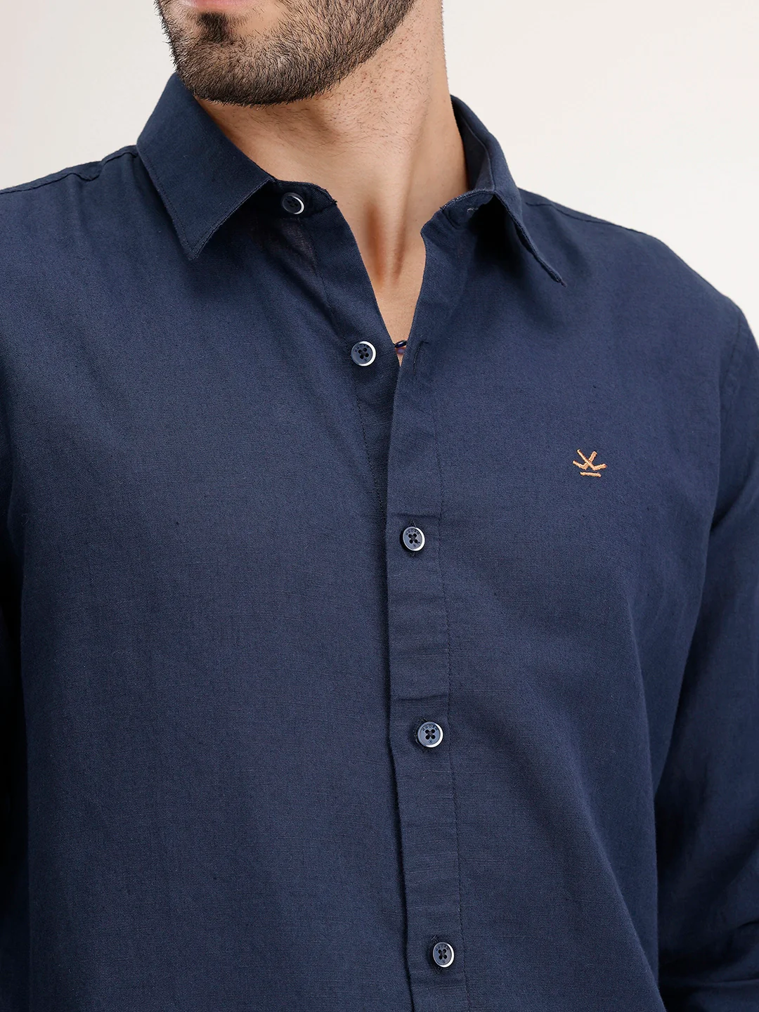 Solid Slim Fit Linen Blend Shirt | Navy Blue - Image 5