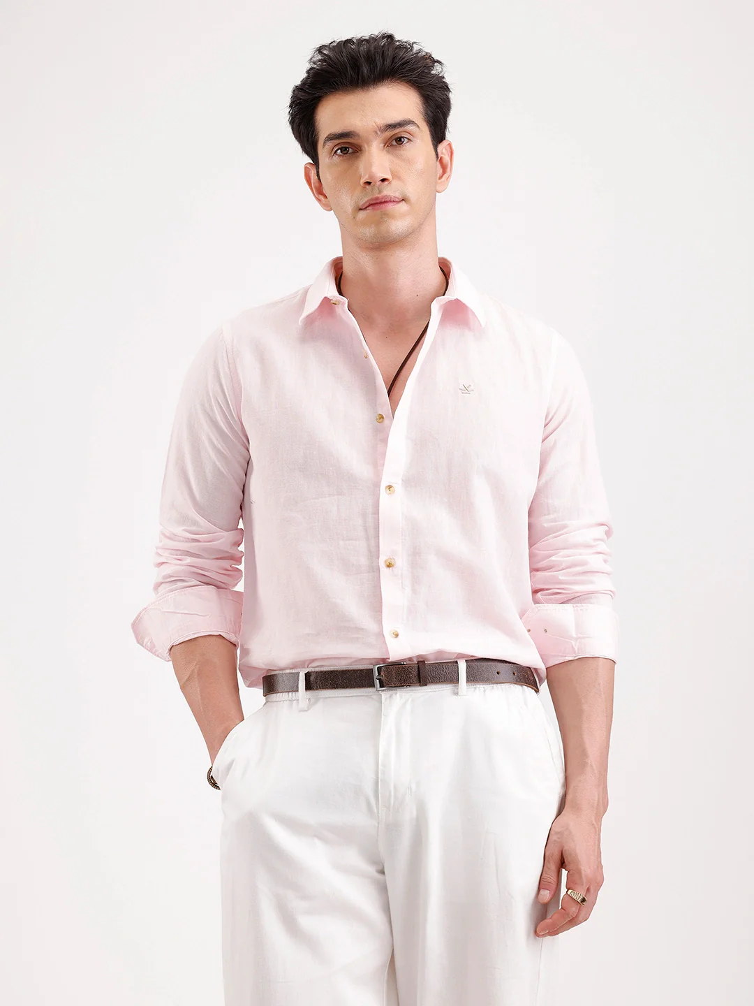 Solid Slim Fit Linen Blend Shirt | Pink