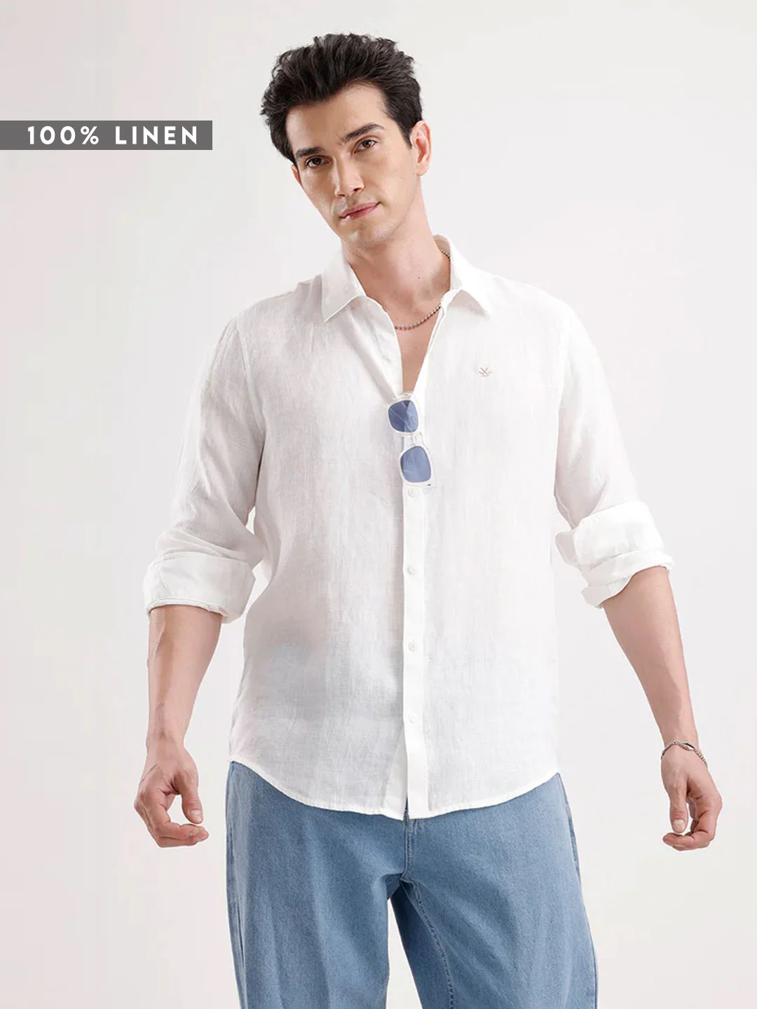 Solid 100% Linen Slim Fit Shirt | White