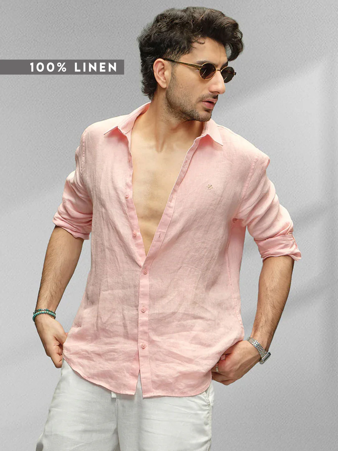 Solid 100% Linen Slim Fit Shirt | Pink