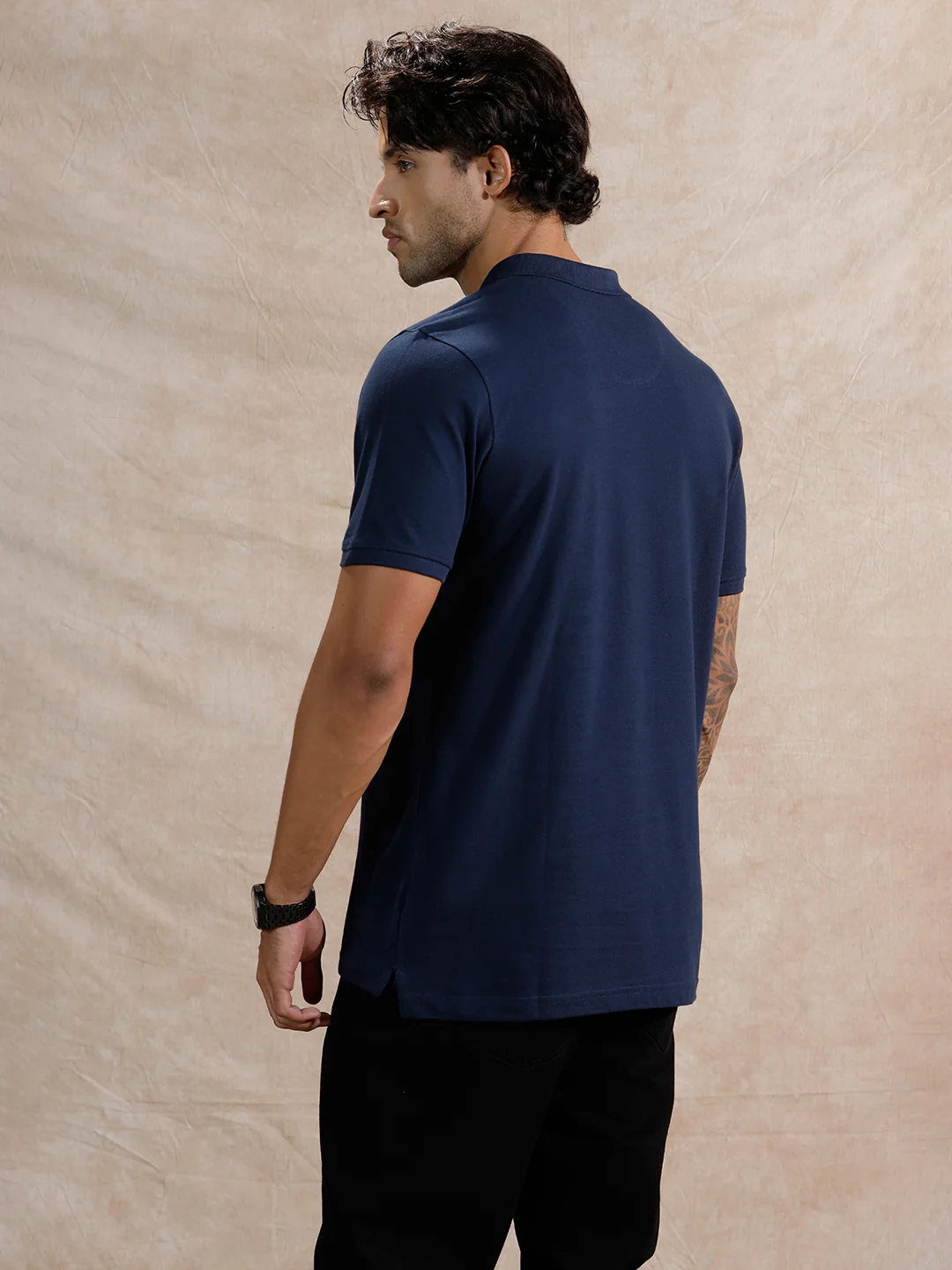 Solid Slim Fit Polo T-Shirt | Navy Blue - Image 3