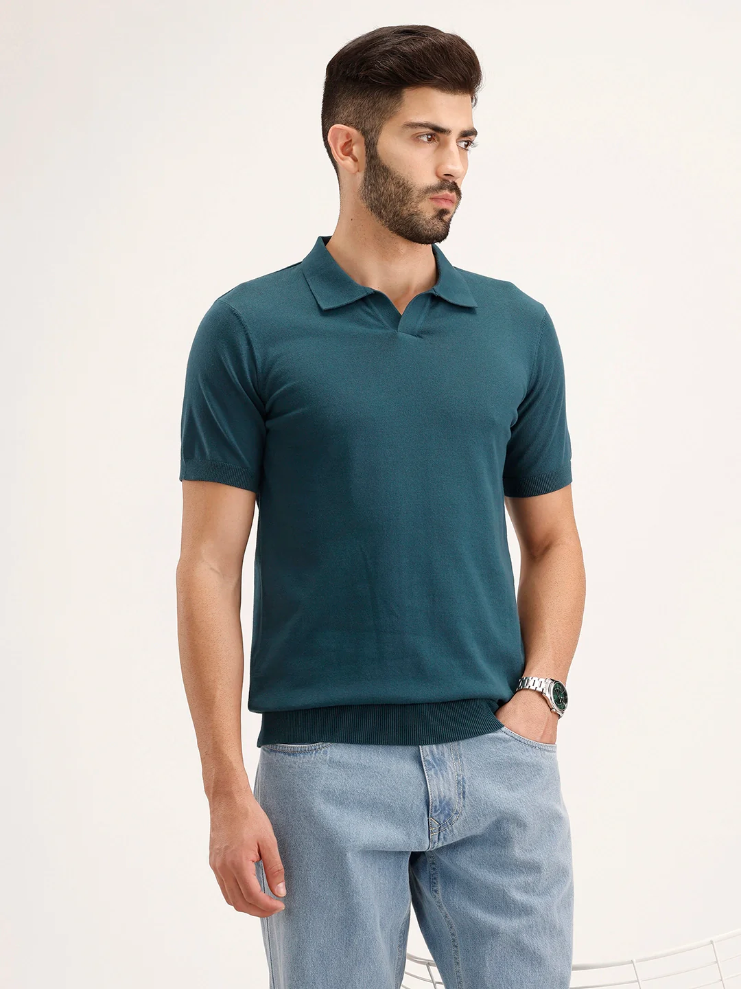 Slim Fit Flat Knit Polo T-Shirt | Teal
