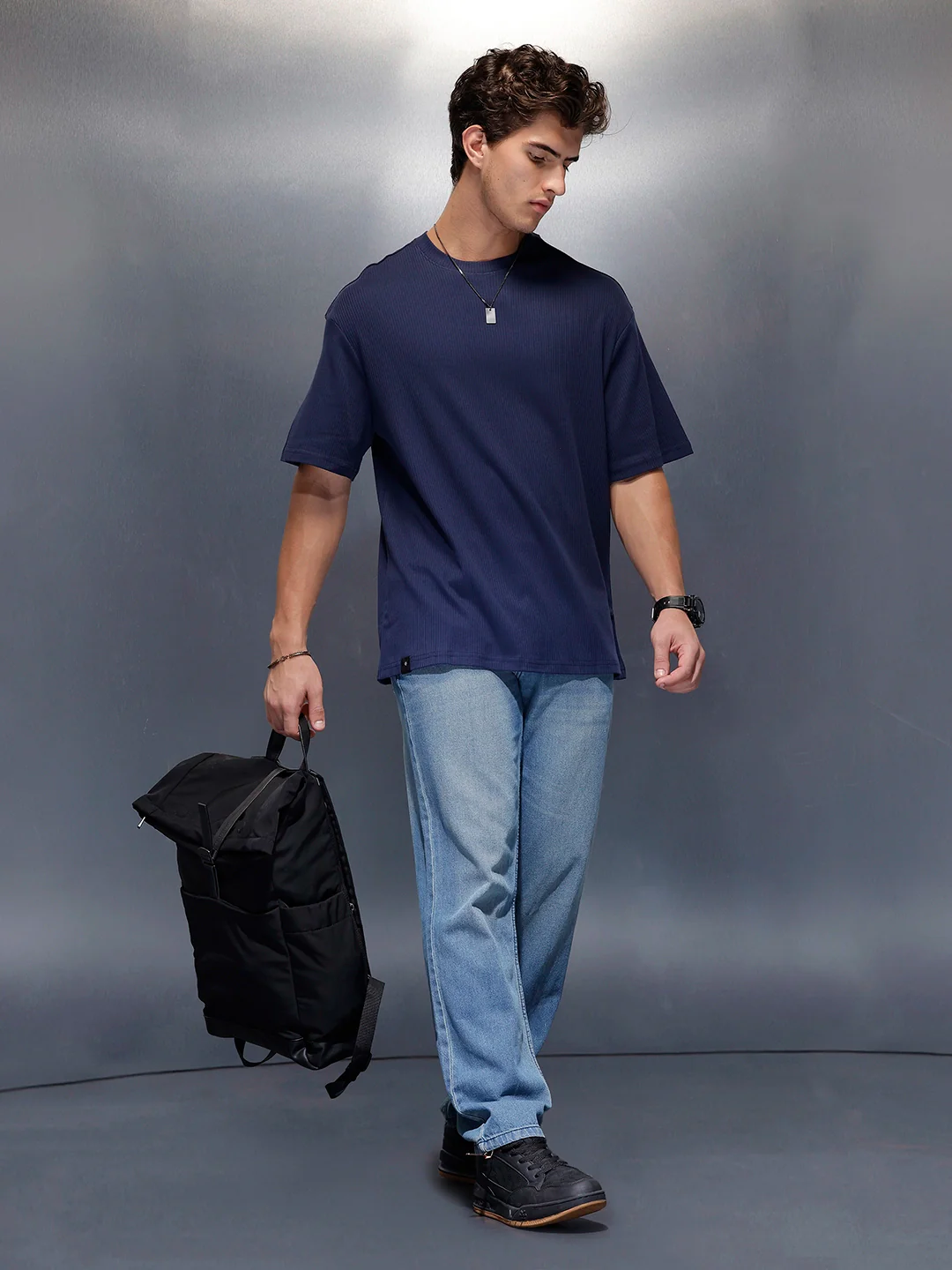 Solid Textured T-Shirt | Navy Blue - Image 2