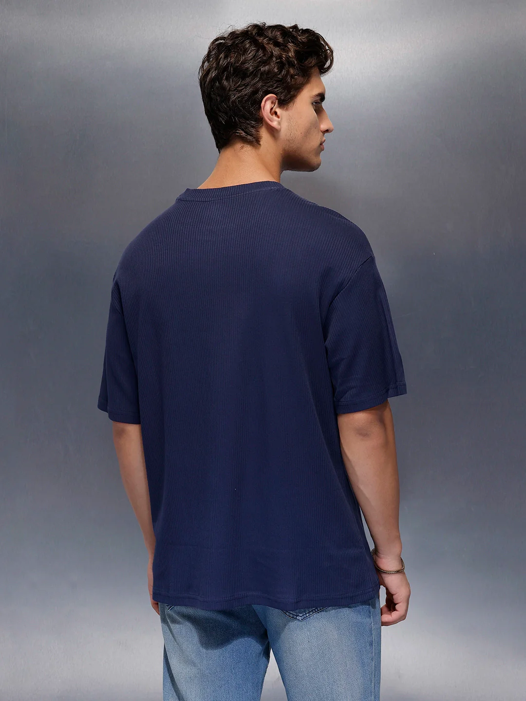Solid Textured T-Shirt | Navy Blue - Image 3
