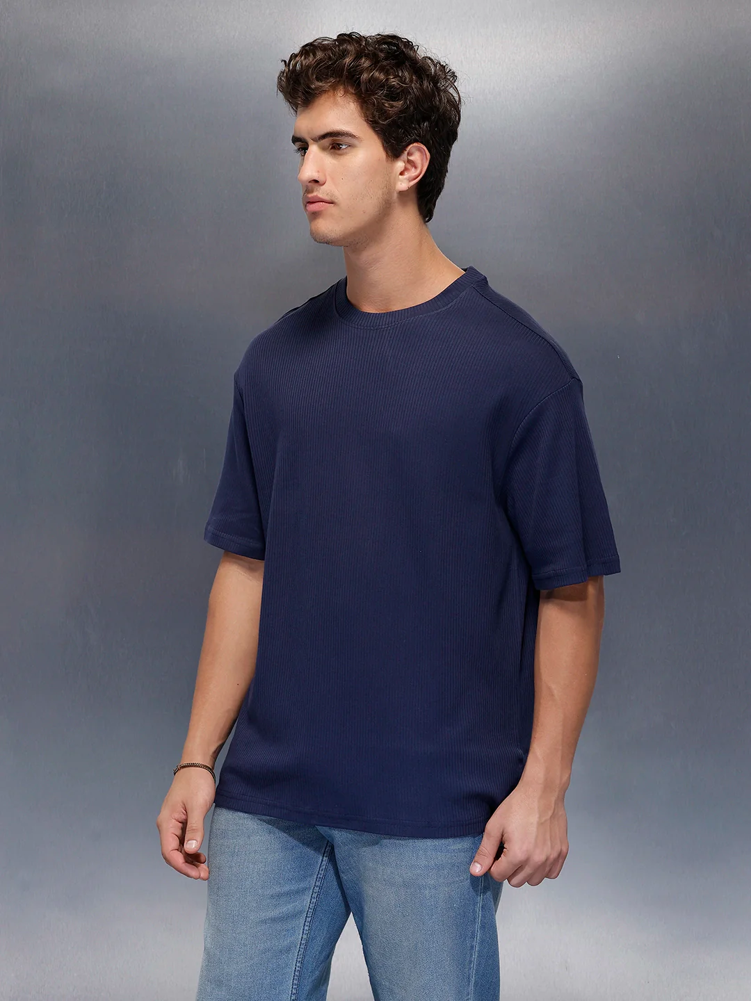 Solid Textured T-Shirt | Navy Blue - Image 4