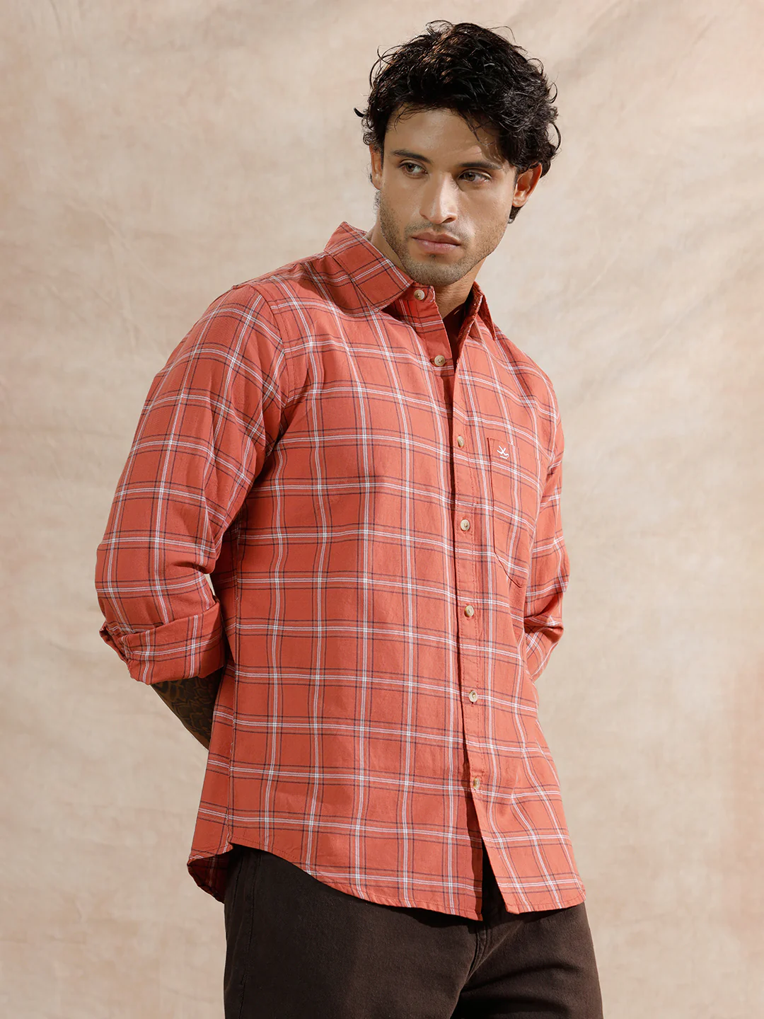 Square Checks Regular Fit Shirt | Dark Peach