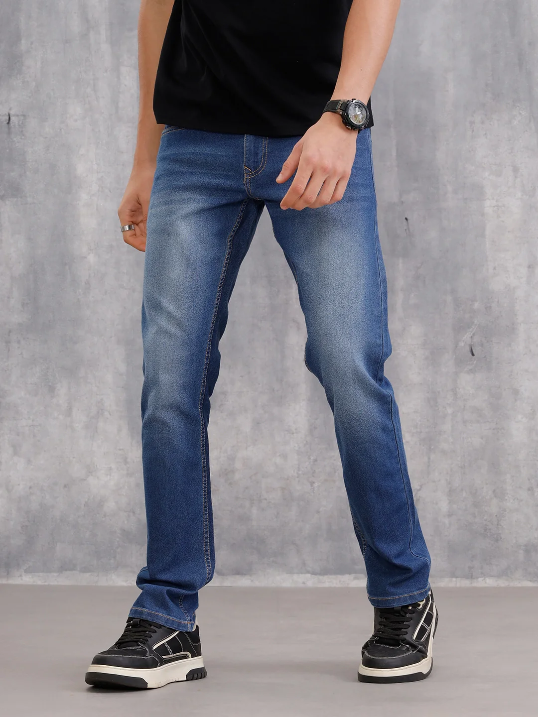 Straight Cotton Stretched Mid Washed Jeans |  Dark Stone