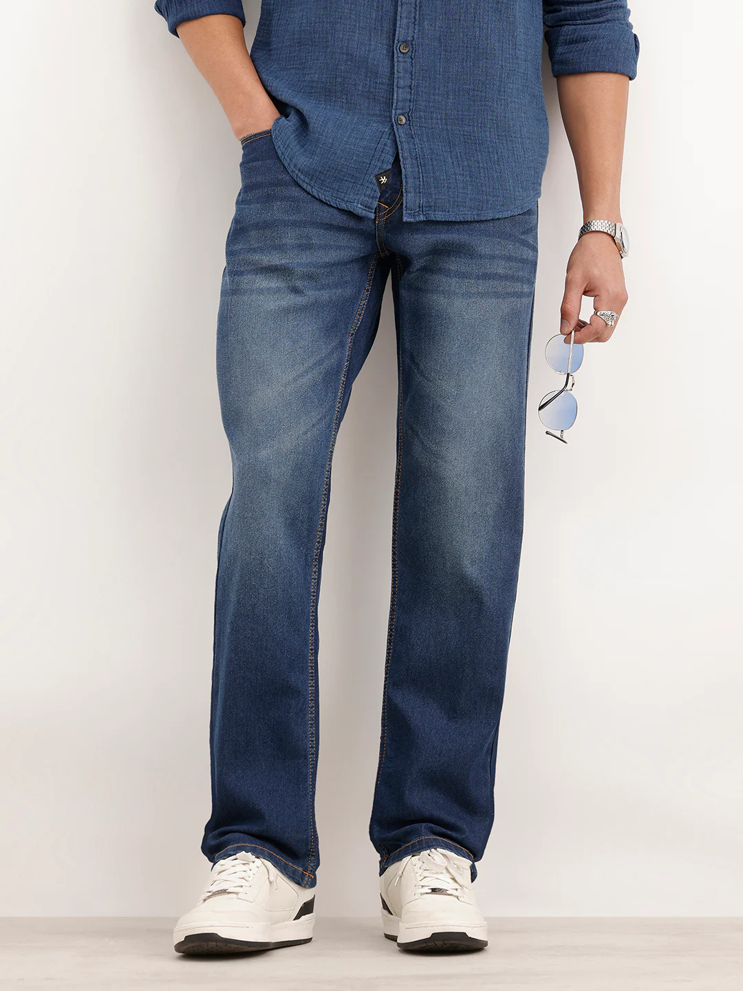 Straight Fit Faded Denim Jeans | Blue