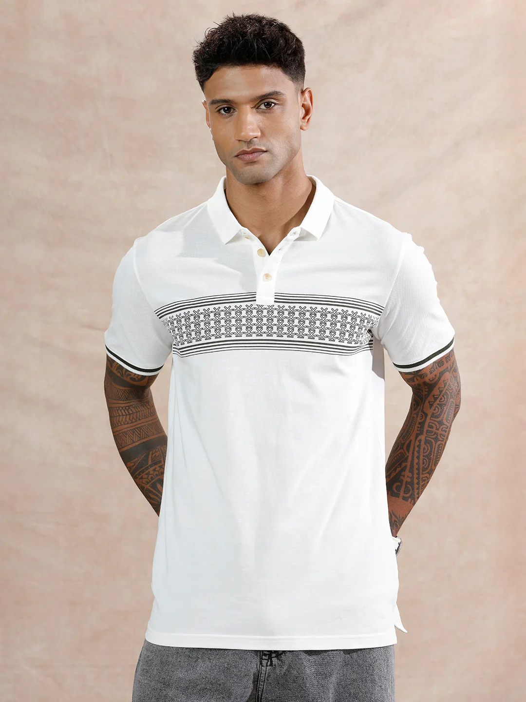 Striped Logo Printed Polo T-Shirt |White