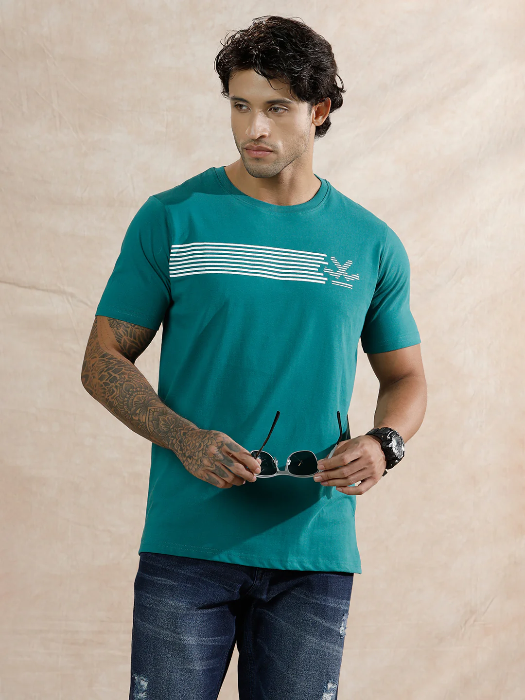 Striped Logo Printed T-Shirt | Teal