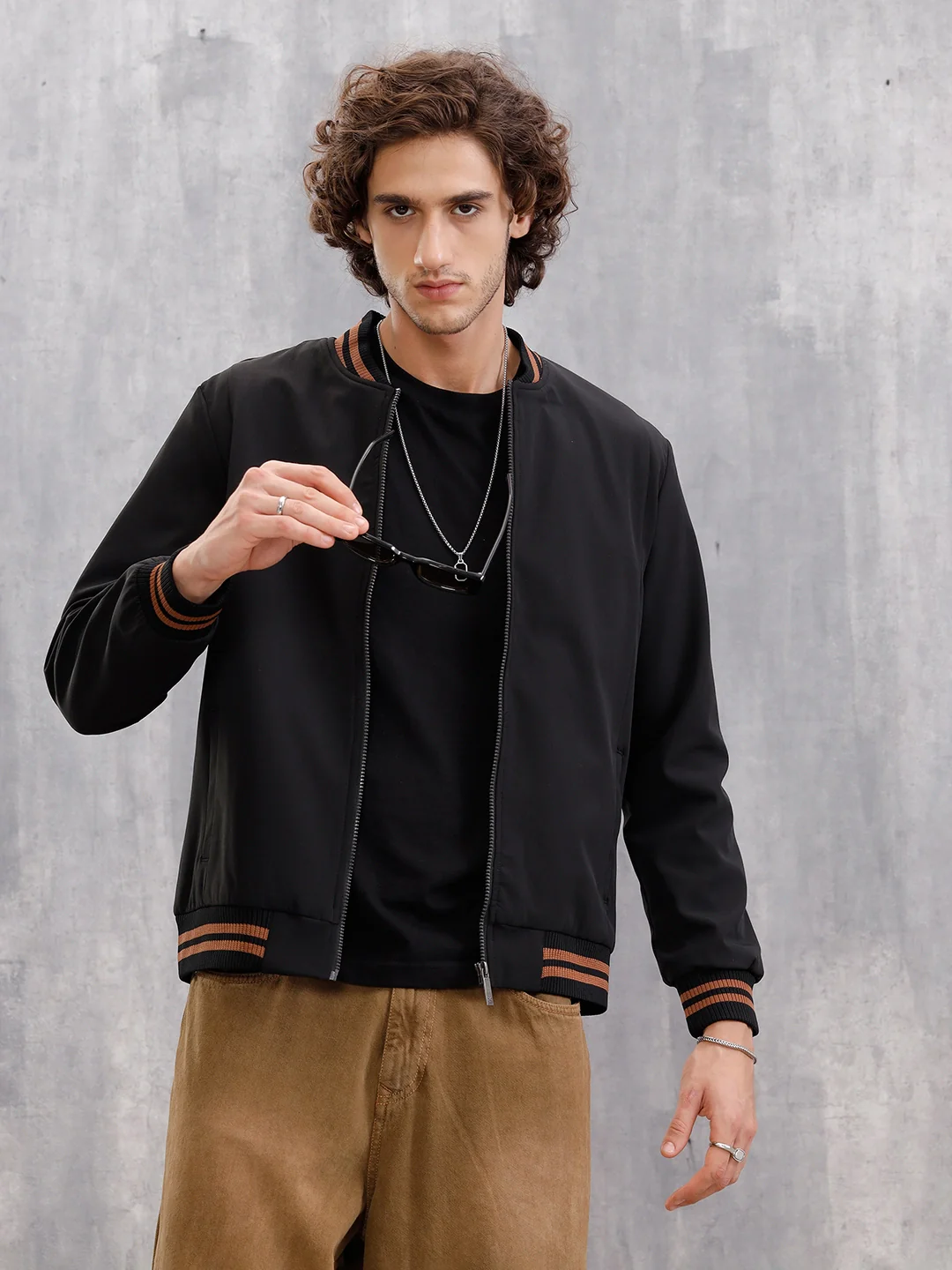 Striped Rib Slim Fit Bomber Jacket | Black - Image 4