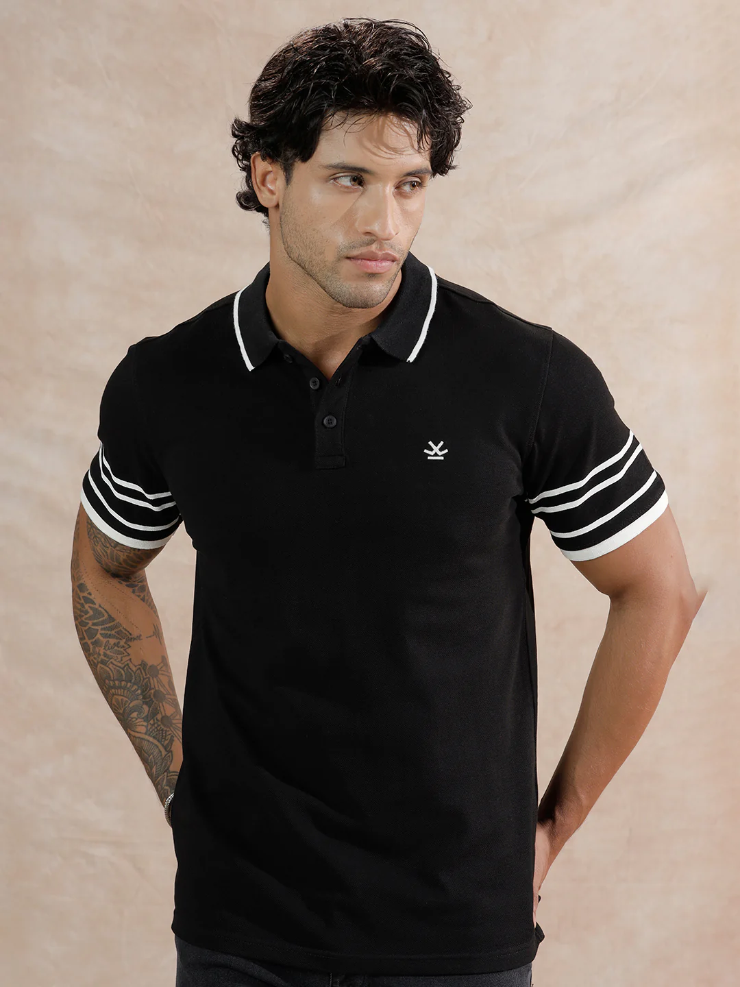 Striped Sleeve Polo T-Shirt | Black