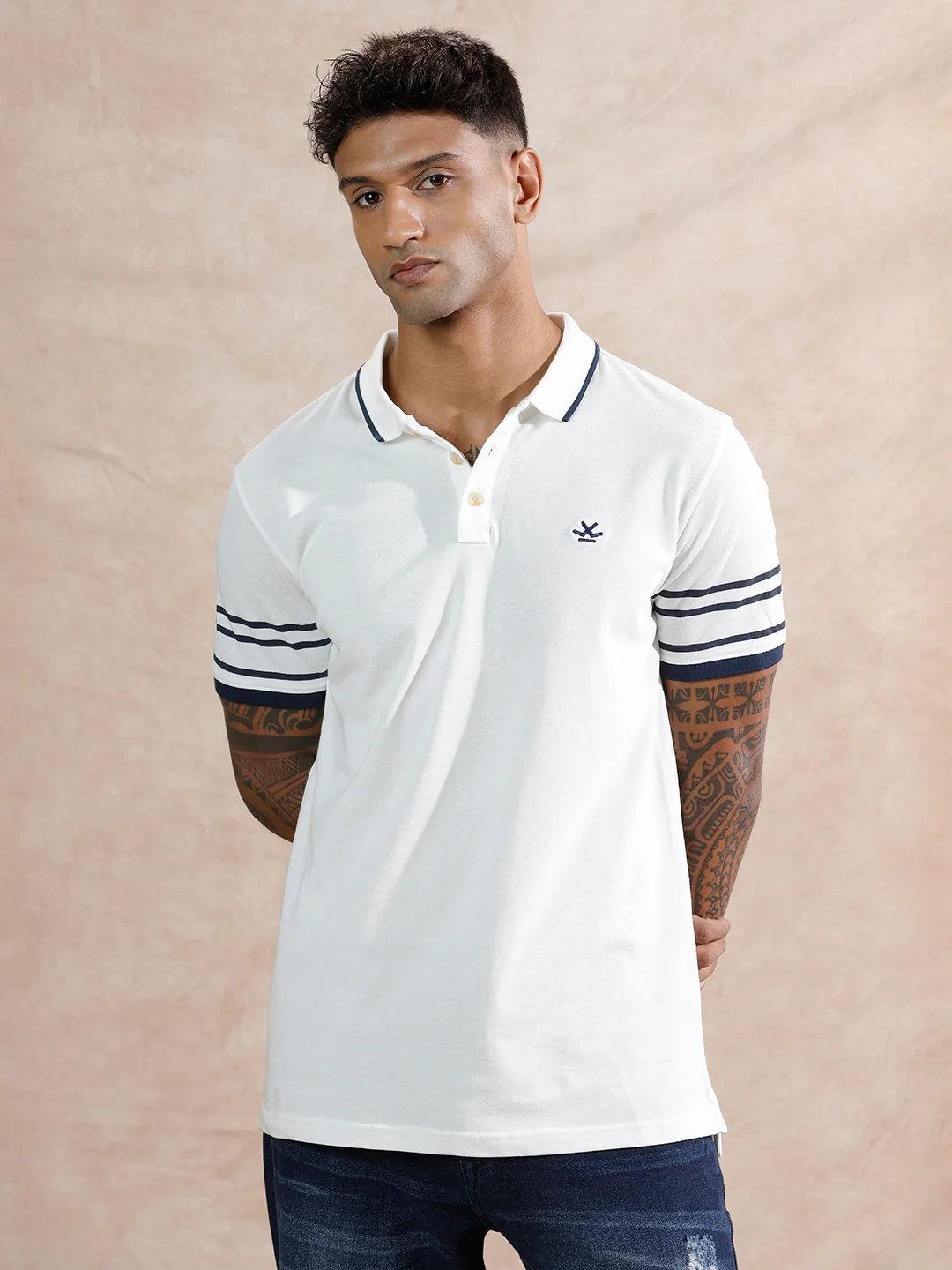 Striped Sleeve Polo T-Shirt | White