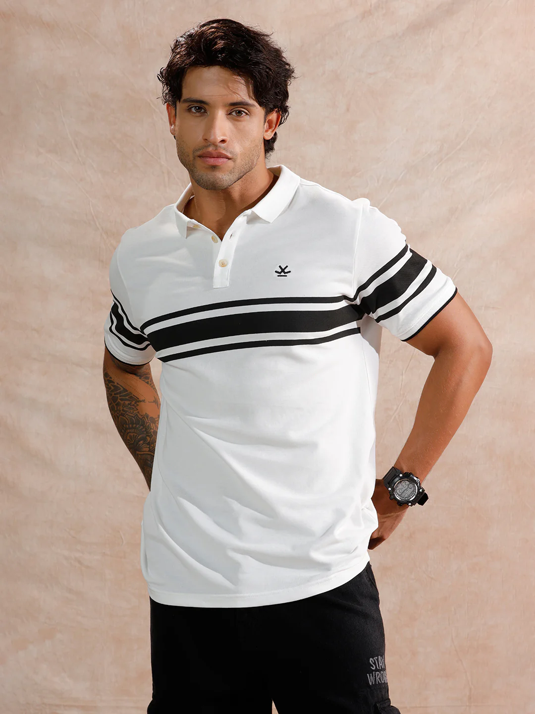 Striped Slim Fit Polo T-Shirt | White