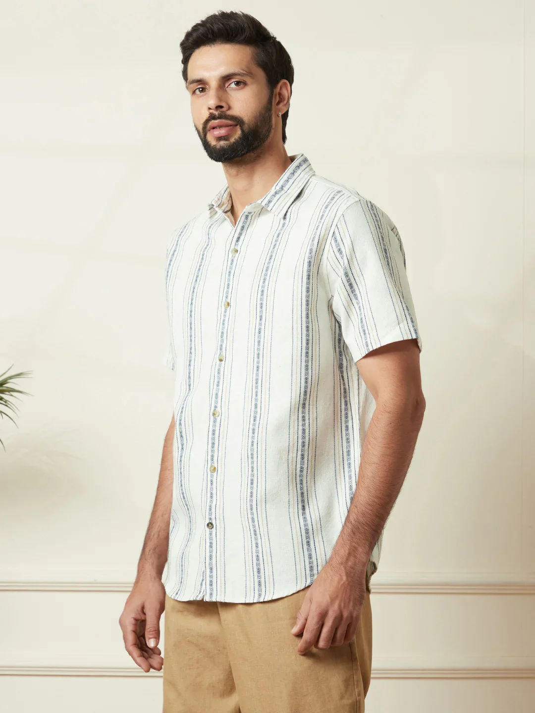 Textured Short Sleeve Striped Shirt | Off White - Image 4