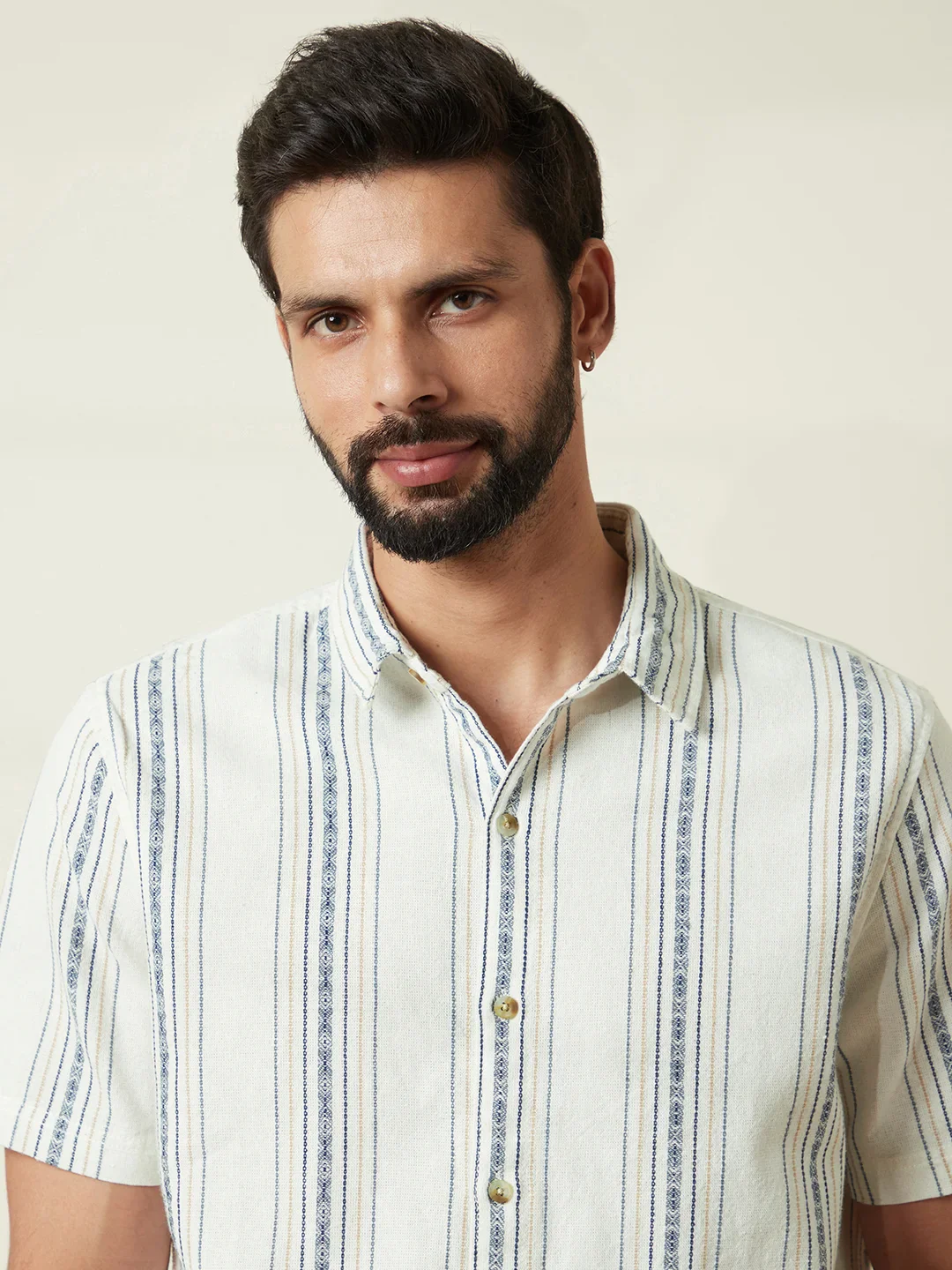 Textured Short Sleeve Striped Shirt | Off White - Image 5