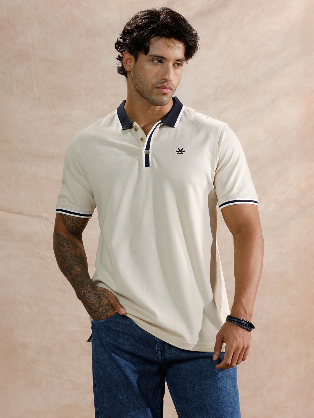 Stripped Collar Slim Fit Polo T-Shirt | Beige