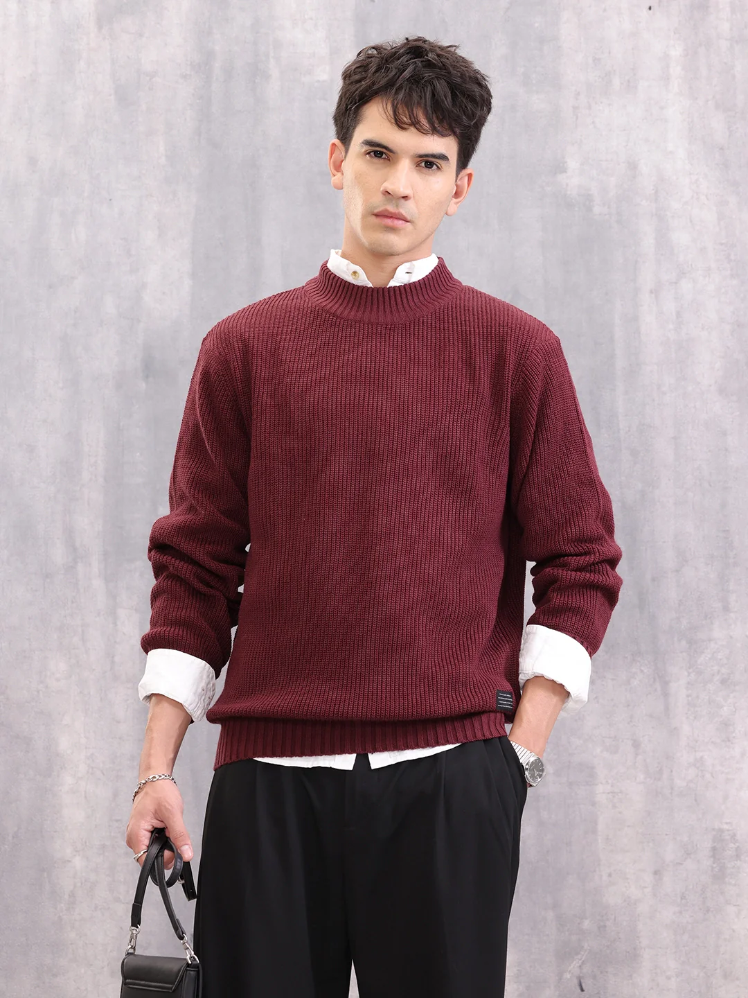 Structured Round Neck Comfort Fit Pullover | Wine