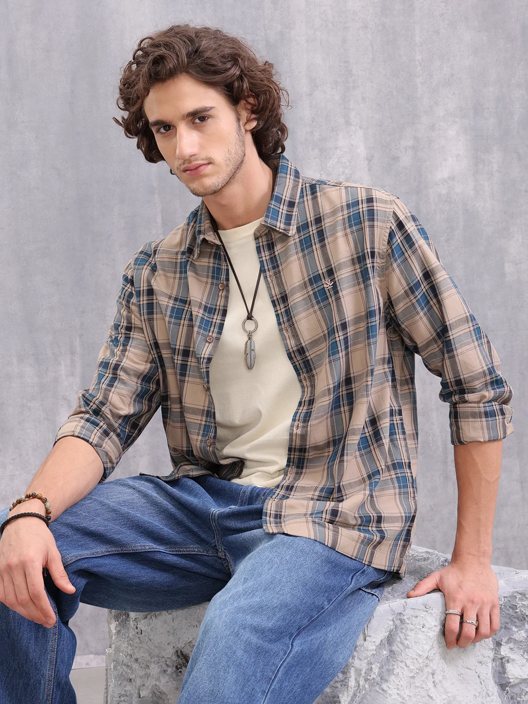 Textured Checkered Cotton Shirt | Brown