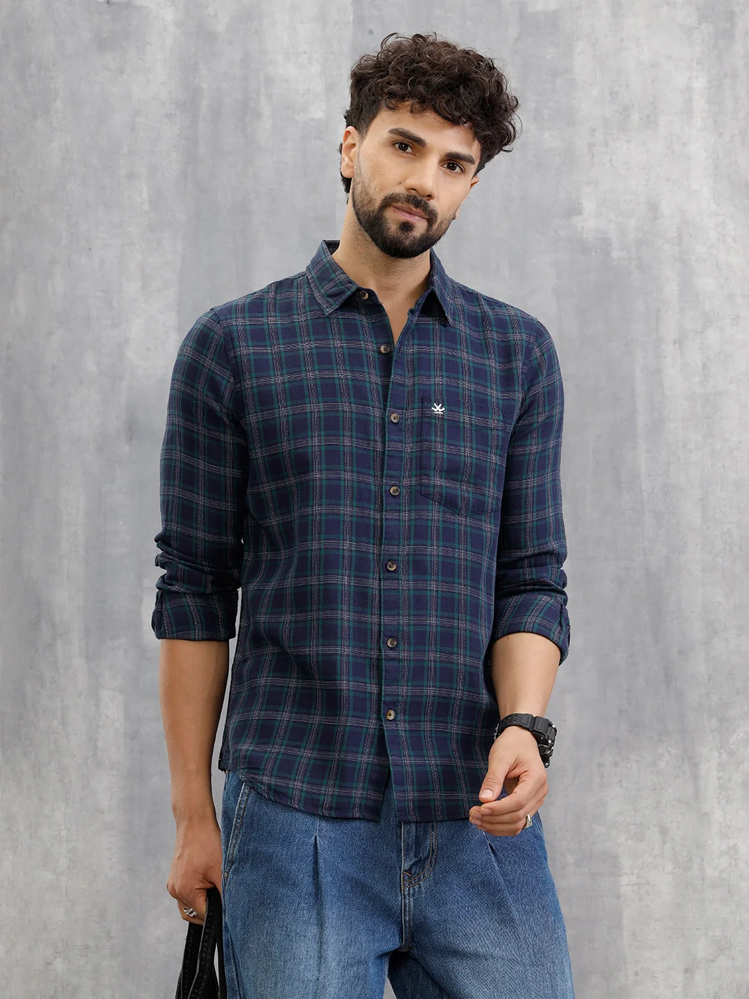 Textured Checkered Cotton Shirt | Navy Blue