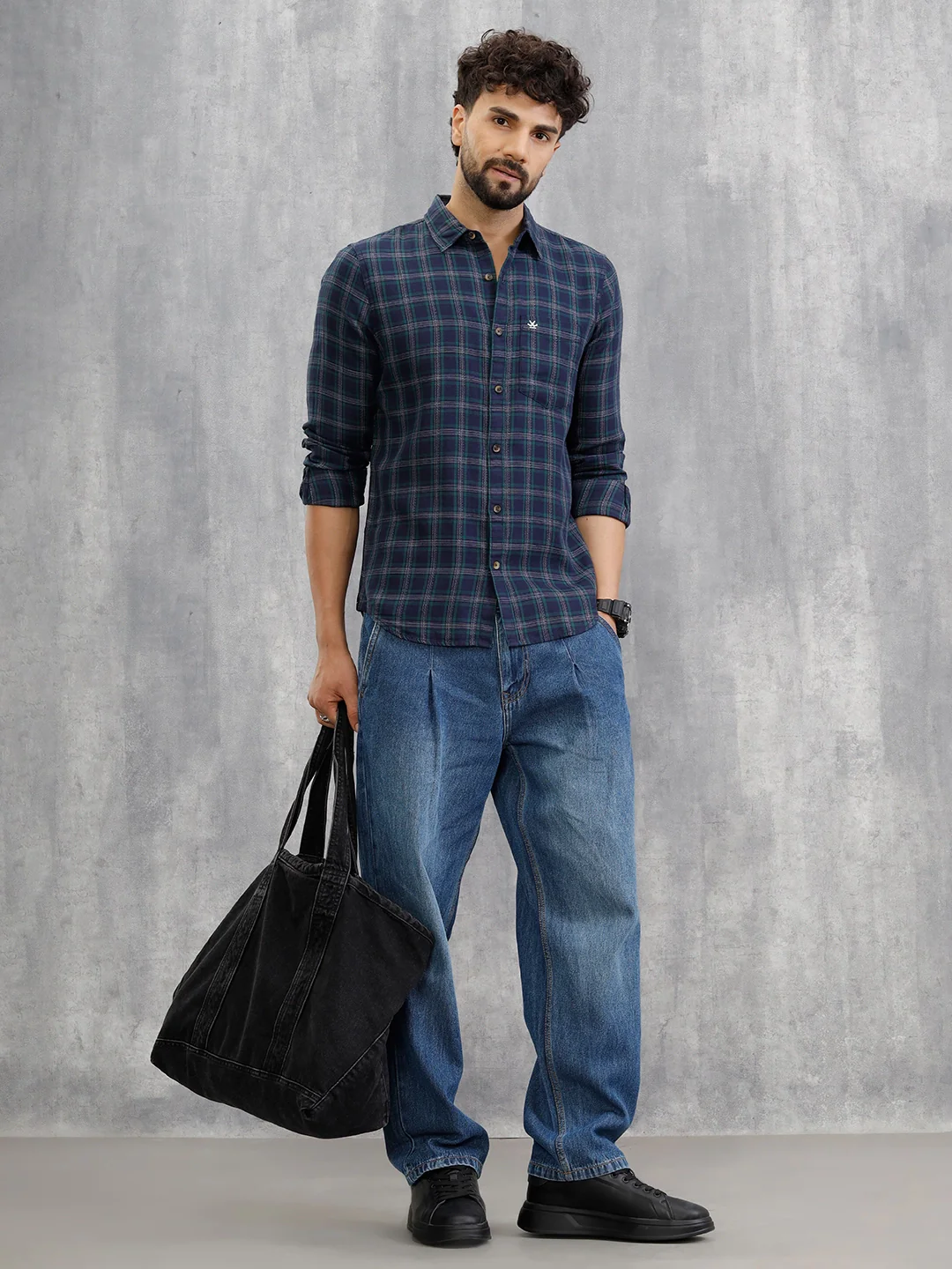 Textured Checkered Cotton Shirt | Navy Blue - Image 2