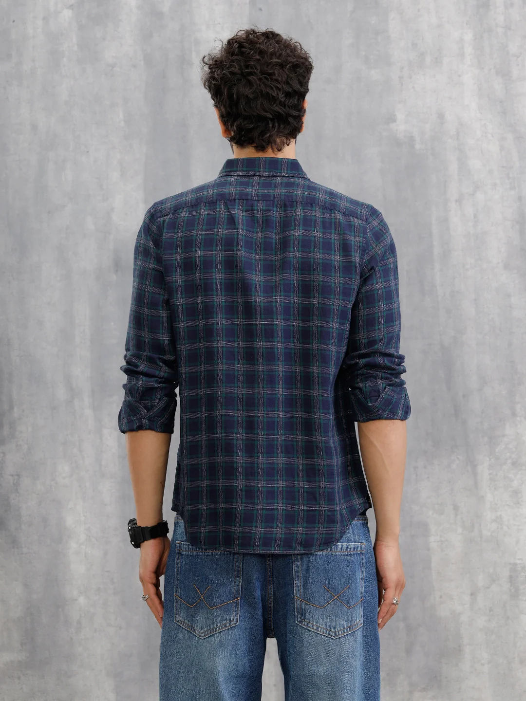 Textured Checkered Cotton Shirt | Navy Blue - Image 3