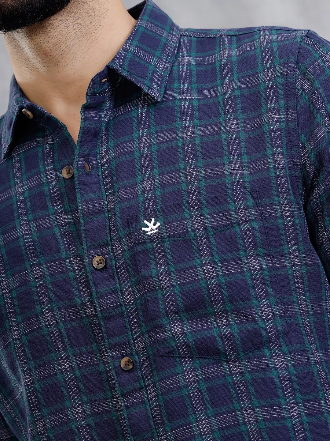Textured Checkered Cotton Shirt | Navy Blue - Image 4