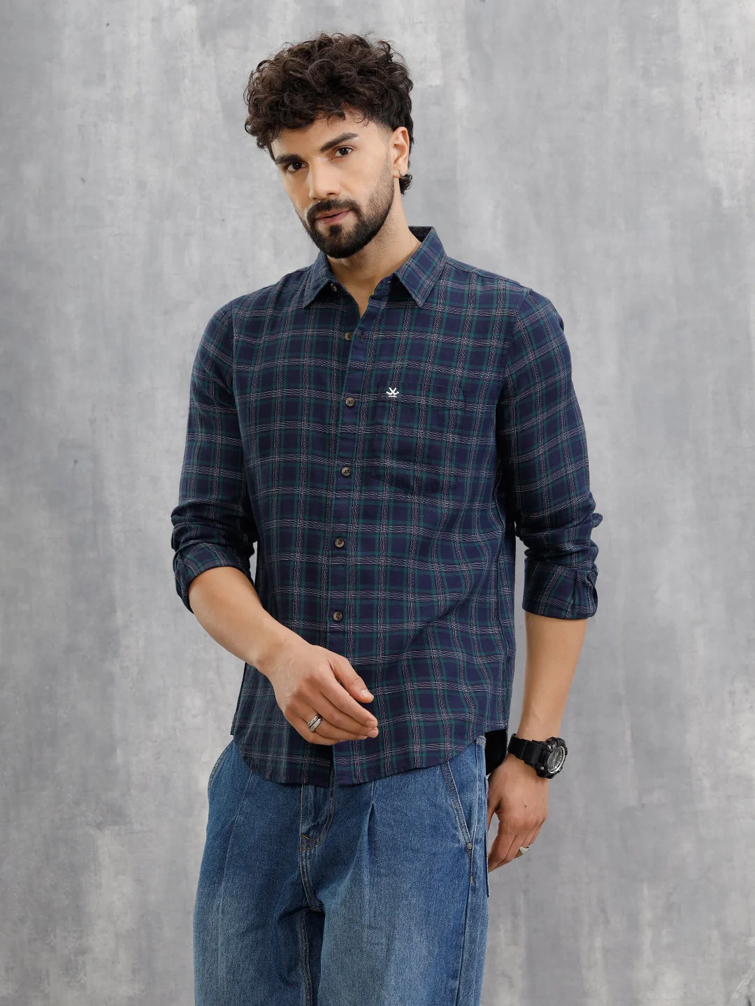 Textured Checkered Cotton Shirt | Navy Blue - Image 5