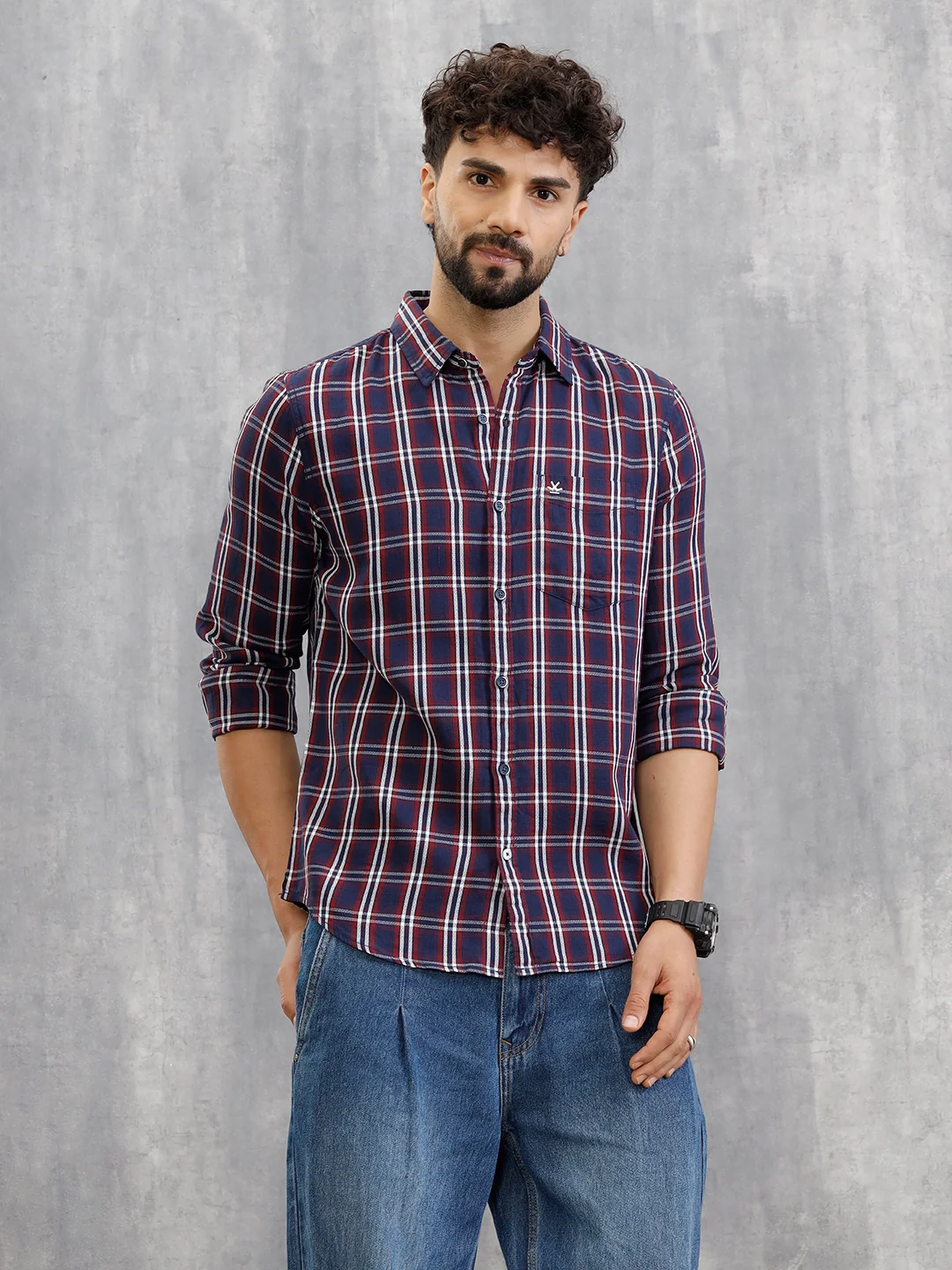 Textured Checkered Cotton Shirt | Navy Blue