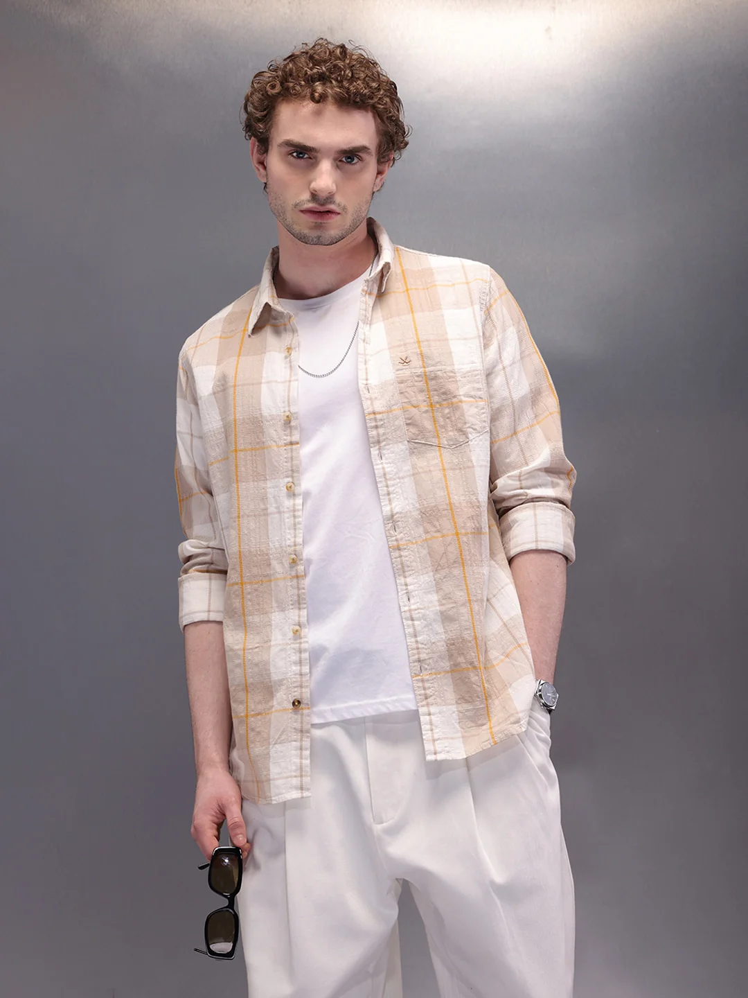 Textured Checkes Dobby Shirt | Khaki