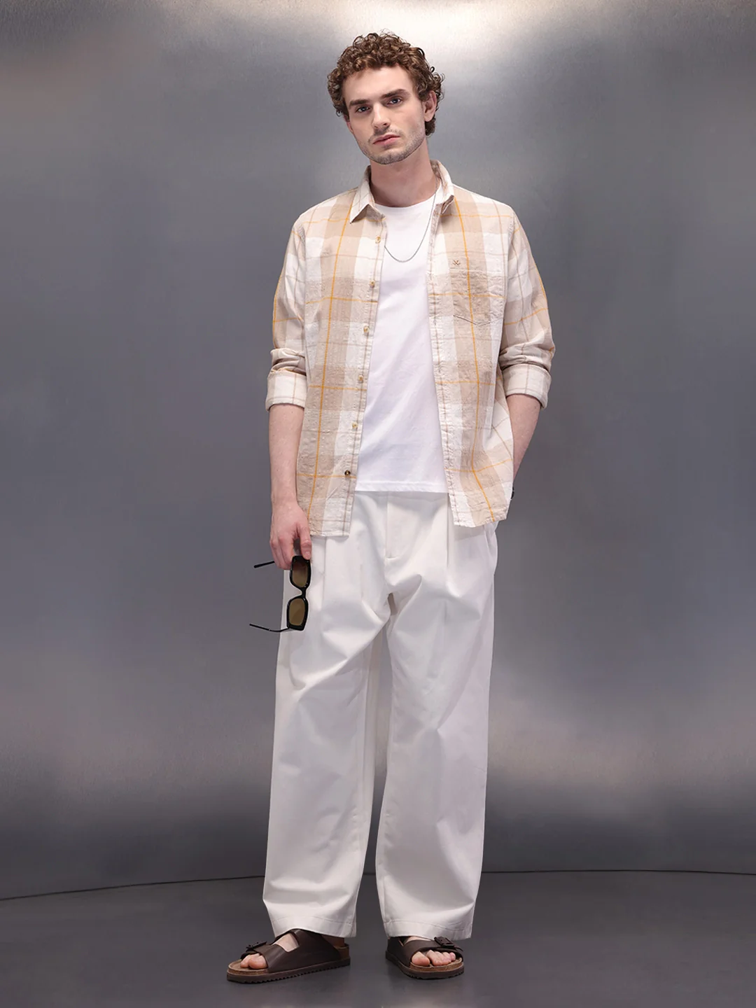 Textured Checkes Dobby Shirt | Khaki - Image 2