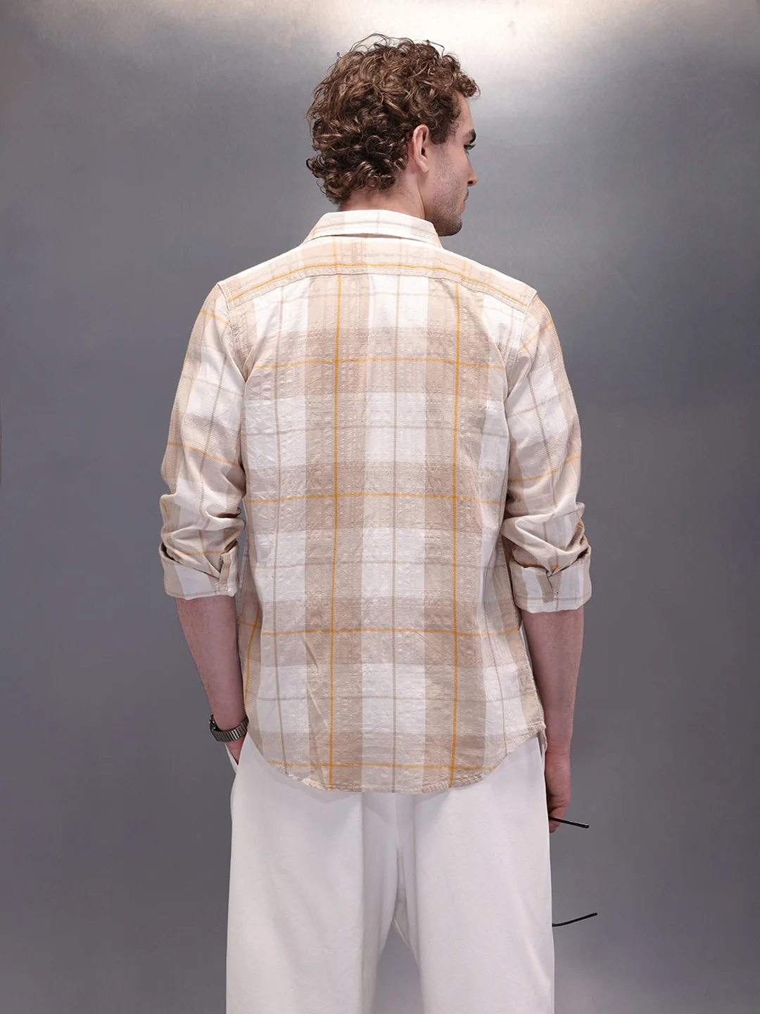Textured Checkes Dobby Shirt | Khaki - Image 3