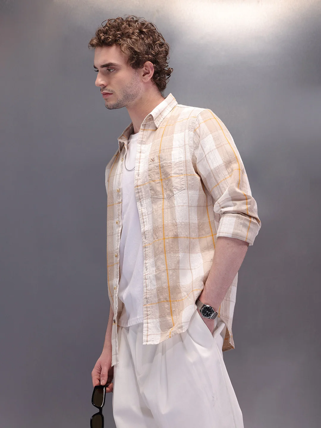 Textured Checkes Dobby Shirt | Khaki - Image 4