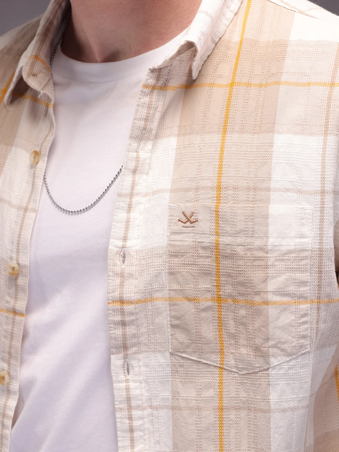 Textured Checkes Dobby Shirt | Khaki - Image 5