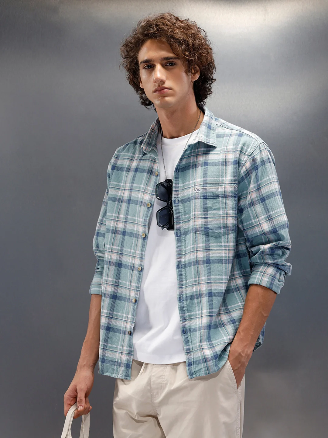 Textured Comfort Fit Checkered Pattern Shirt With Branding| Blue