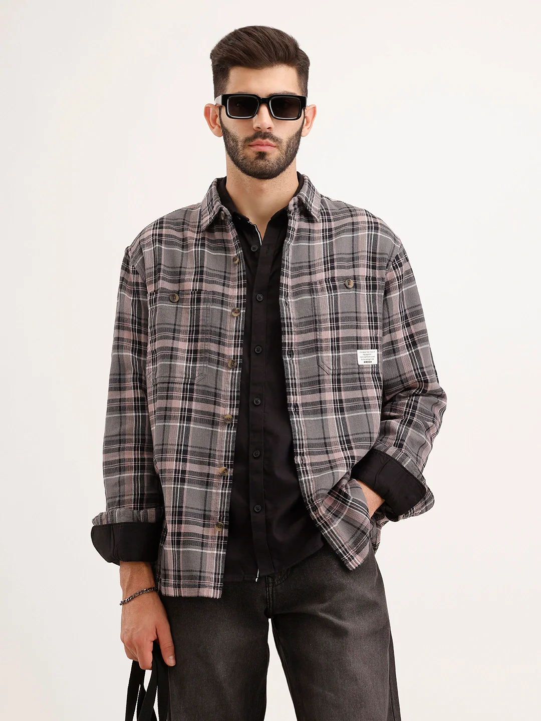 Textured Comfort Fit Double Pocket Checkered Shirt | Grey