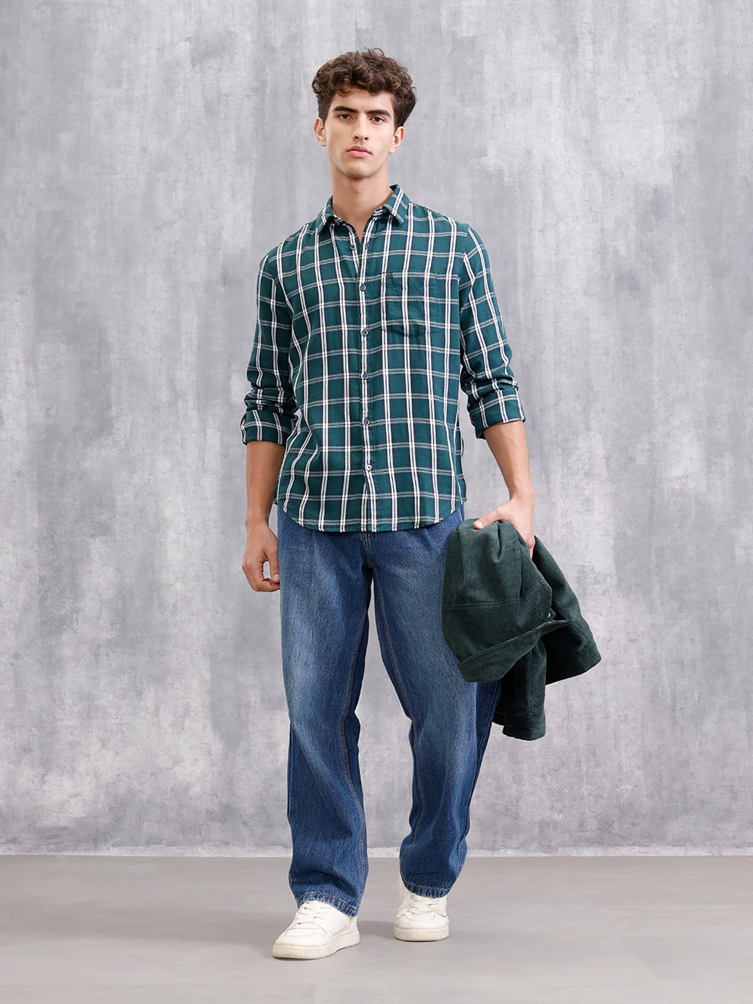 Textured Cotton Dobby Check Shirt | Green - Image 3