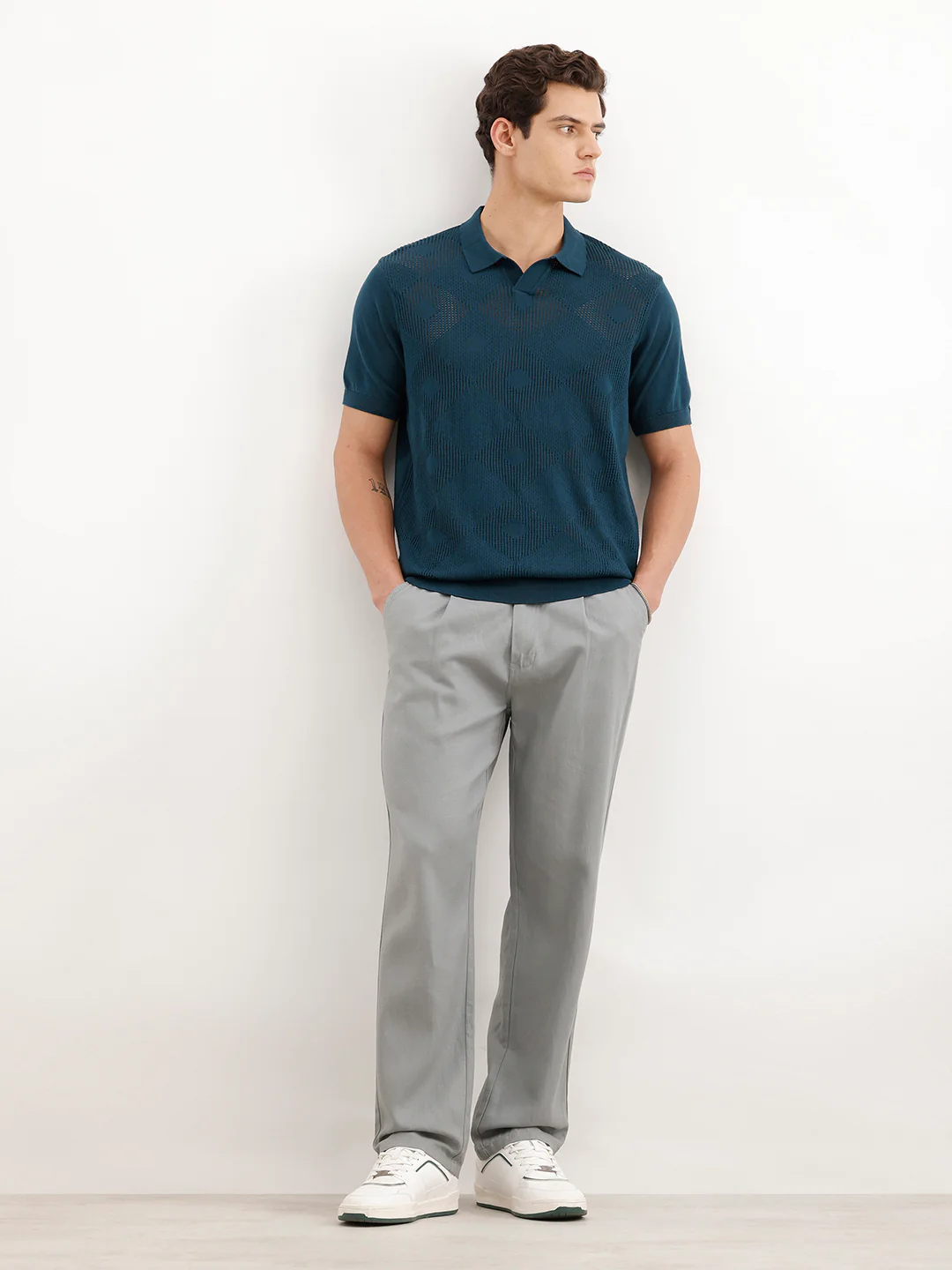 Textured Flatknit Polo T-Shirt | Teal - Image 2