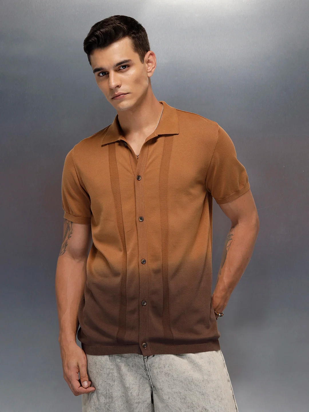 Textured Knit Button-Down SHIRT | Brown - Image 3