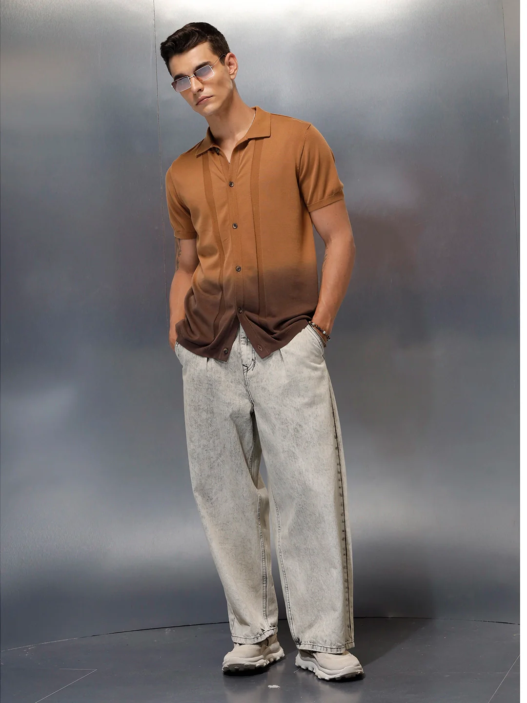 Textured Knit Button-Down SHIRT | Brown - Image 4
