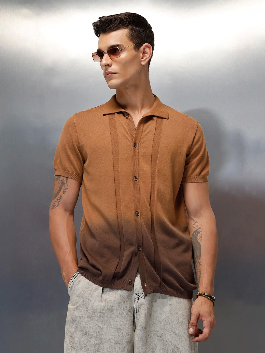 Textured Knit Button-Down SHIRT | Brown - Image 7