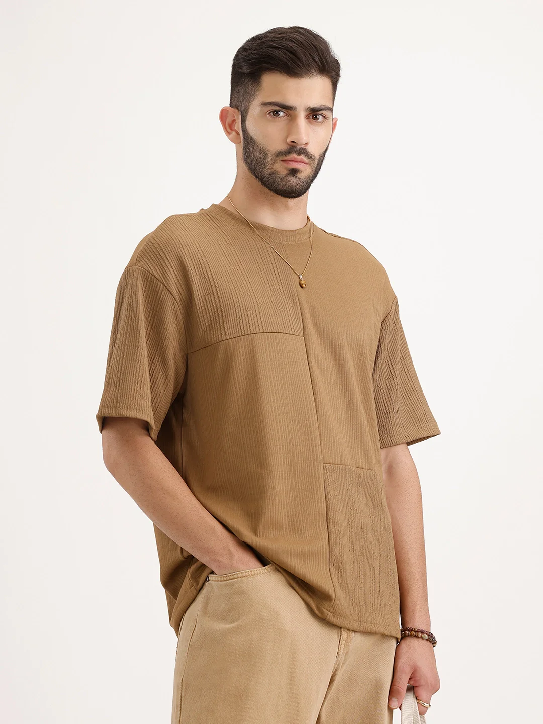 Textured Oversized Cut & Sew T-Shirt | Khaki