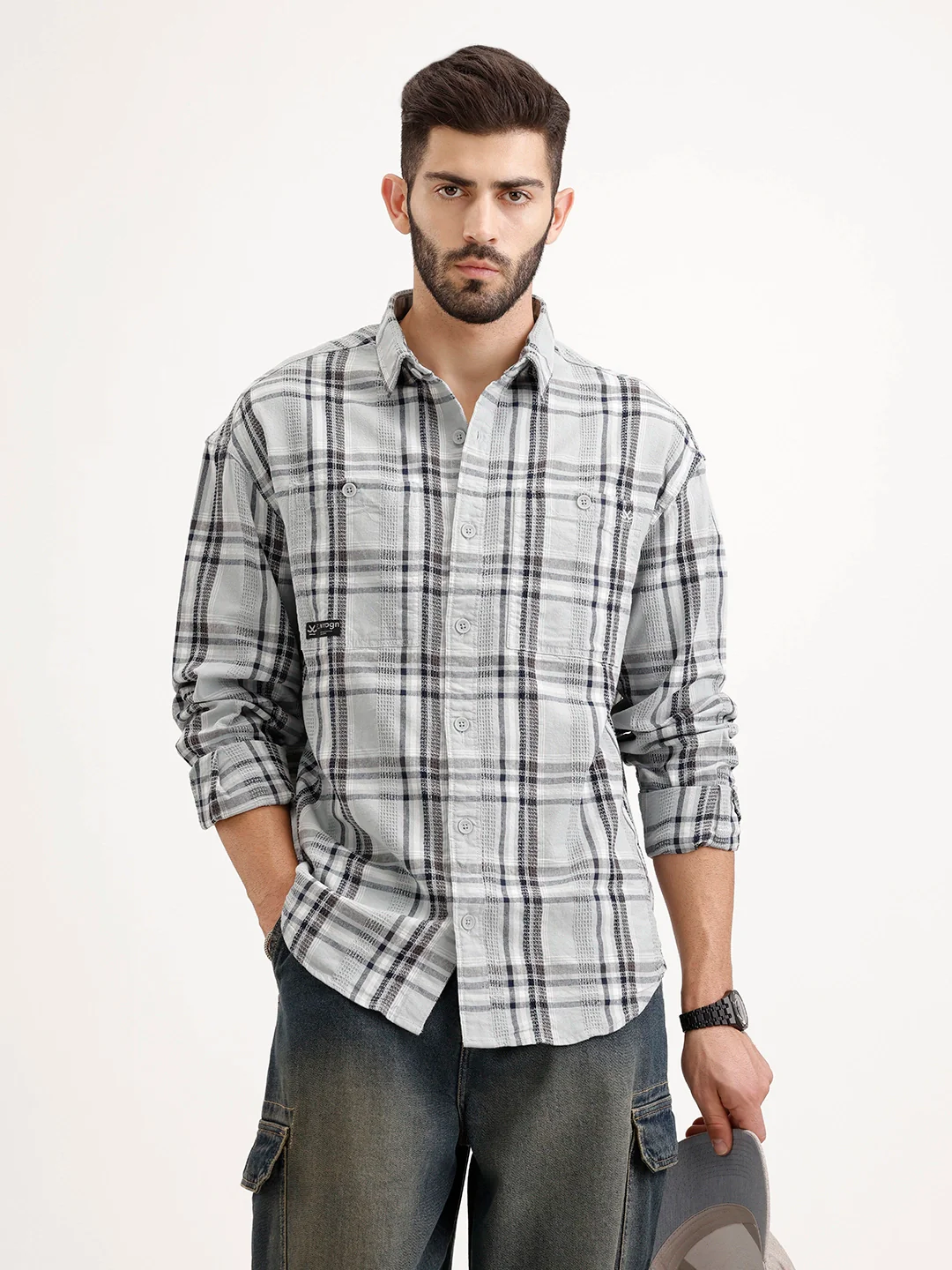 Textured Oversized Fit Double Pocket Shirt | Grey